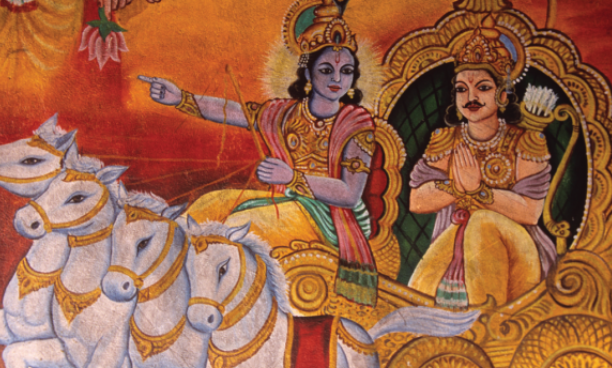 Mural painting of Yogeswar Temple in Patora, Orissa, India, depicting Krishna and Arjuna, the master archer. Photo credit: Frederic Soltan/Getty Images.